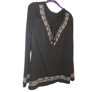 Urban Coco Black Embroidered Tunic Boho Peasant Top Tassel Womens L Festival